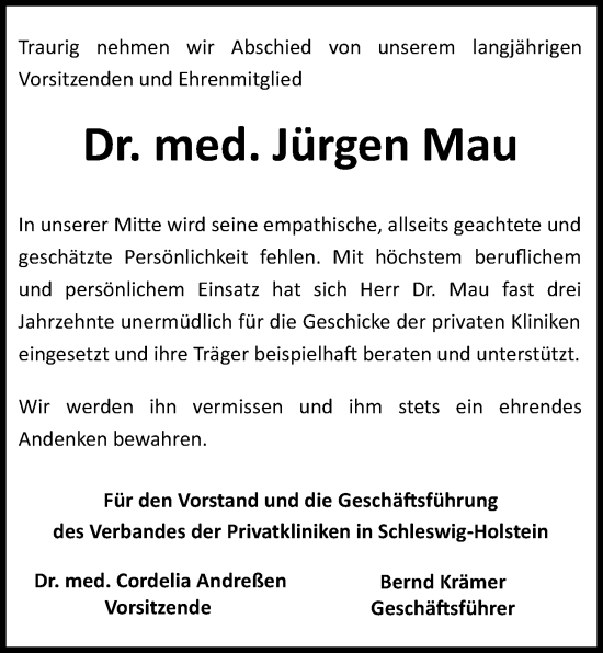 Traueranzeige von Jürgen Mau von Kieler Nachrichten