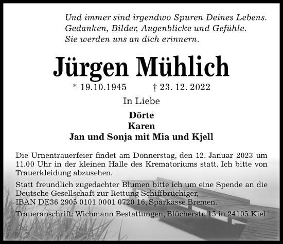 Traueranzeige von Jürgen Mühlich von Kieler Nachrichten