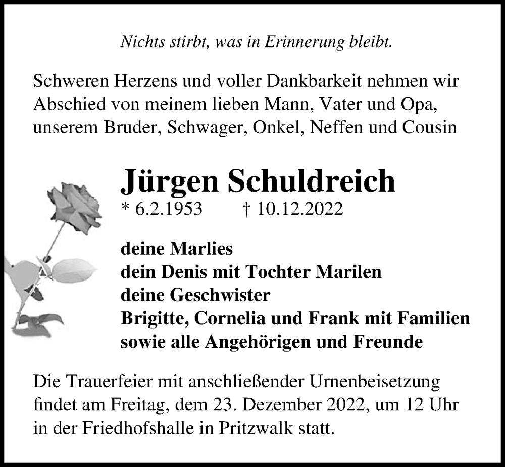  Traueranzeige für Jürgen Schuldreich vom 17.12.2022 aus Märkischen Allgemeine Zeitung