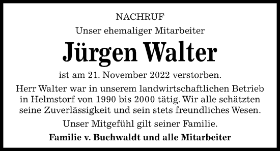 Traueranzeige von Jürgen Walter von Kieler Nachrichten