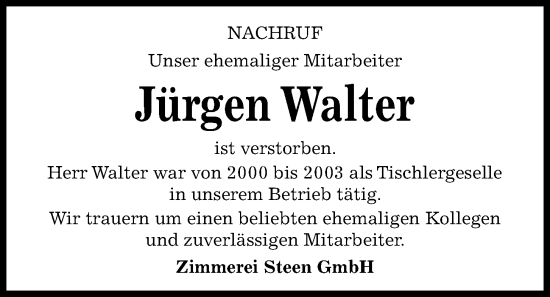 Traueranzeige von Jürgen Walter von Kieler Nachrichten