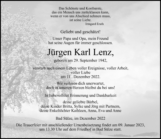 Traueranzeige von Jürgen Karl Lenz von Ostsee-Zeitung GmbH