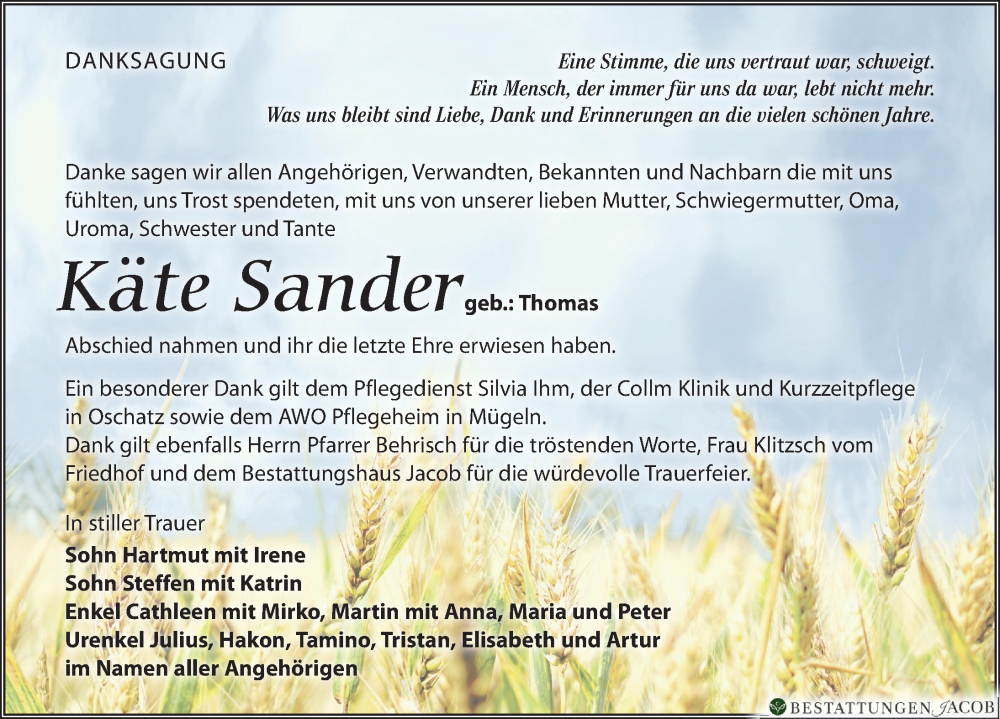  Traueranzeige für Käte Sander vom 03.12.2022 aus Leipziger Volkszeitung