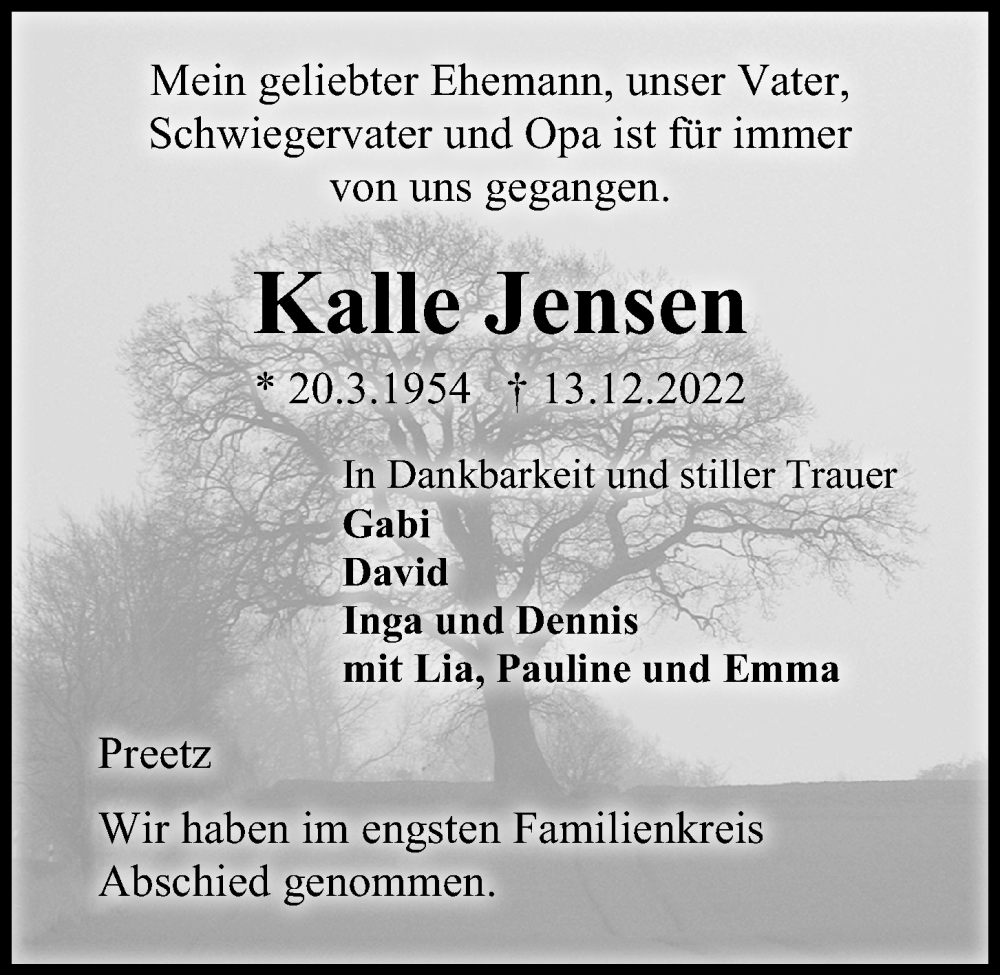  Traueranzeige für Kalle Jensen vom 17.12.2022 aus Kieler Nachrichten