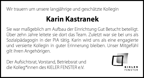 Traueranzeige von Karin Kastranek von Kieler Nachrichten