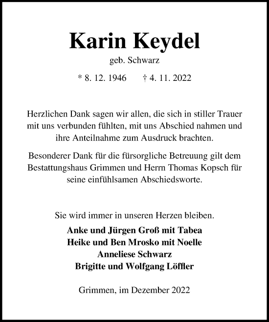 Traueranzeige von Karin Keydel von Ostsee-Zeitung GmbH