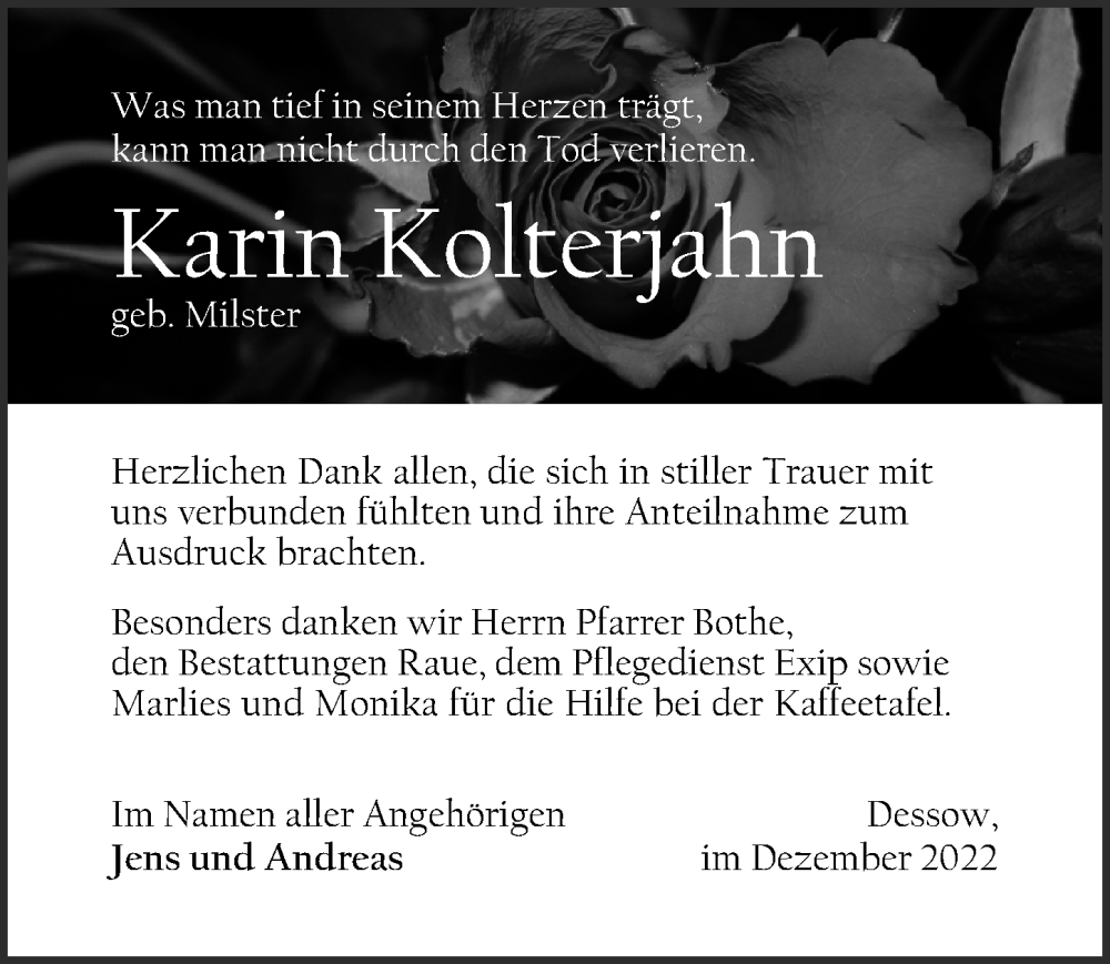  Traueranzeige für Karin Kolterjahn vom 17.12.2022 aus Märkischen Allgemeine Zeitung