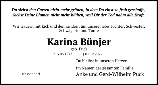 Traueranzeige von Karina Bünjer von Kieler Nachrichten
