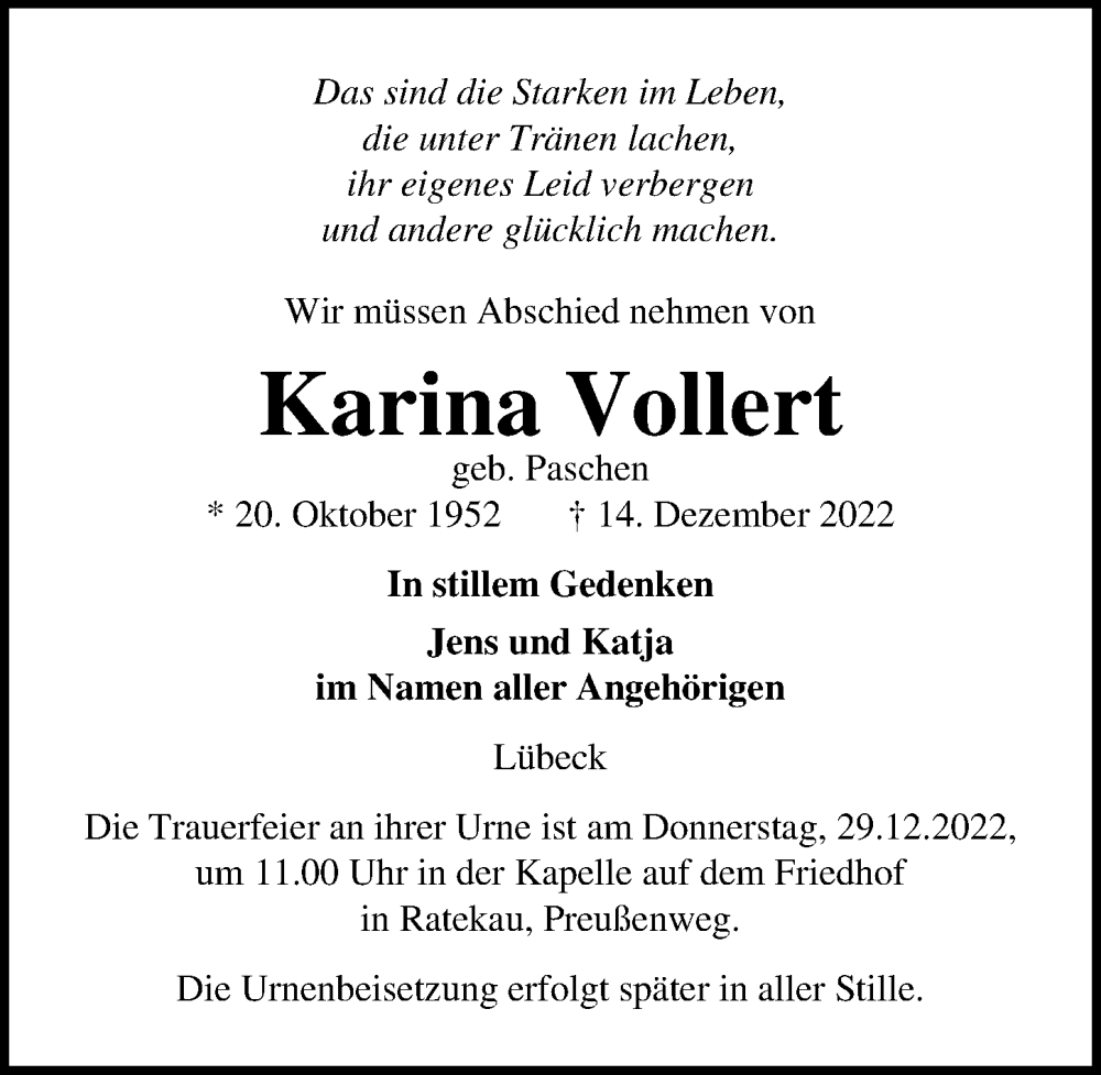  Traueranzeige für Karina Vollert vom 25.12.2022 aus Lübecker Nachrichten