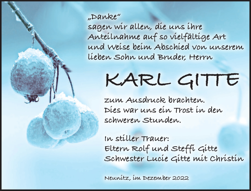  Traueranzeige für Karl Gitte vom 17.12.2022 aus Leipziger Volkszeitung