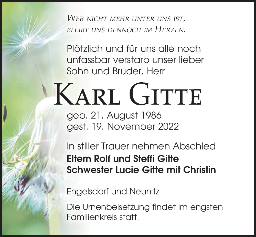  Traueranzeige für Karl Gitte vom 03.12.2022 aus Leipziger Volkszeitung