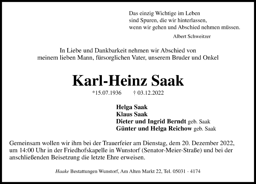 Traueranzeige für Karl-Heinz Saak vom 17.12.2022 aus Hannoversche Allgemeine Zeitung/Neue Presse