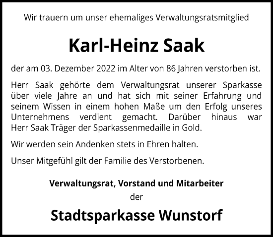 Traueranzeige von Karl-Heinz Saak von Hannoversche Allgemeine Zeitung/Neue Presse