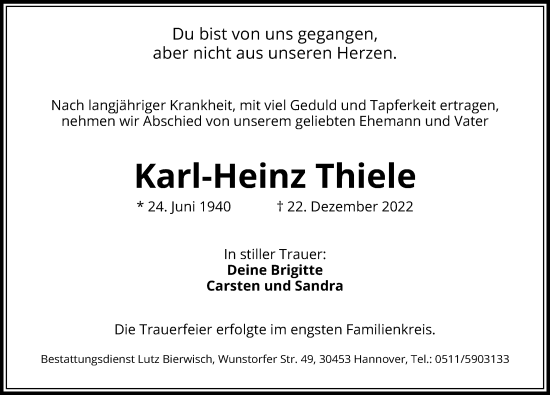 Traueranzeige von Karl-Heinz Thiele von Hannoversche Allgemeine Zeitung/Neue Presse