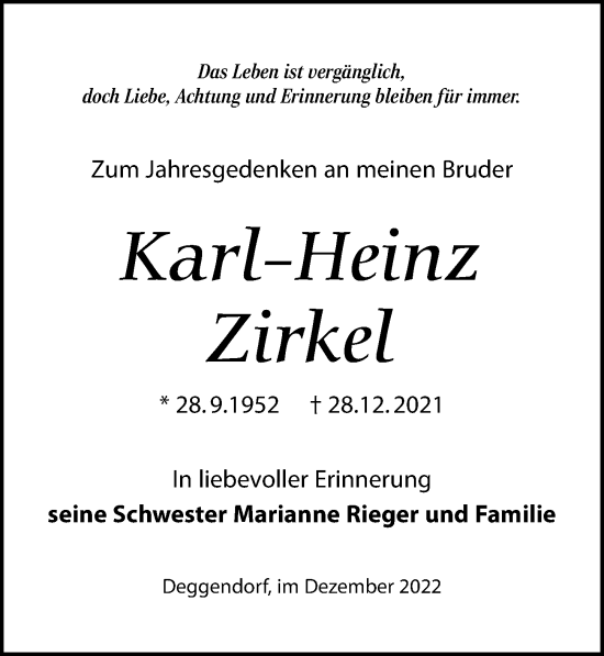 Traueranzeige von Karl-Heinz Zirkel von Leipziger Volkszeitung