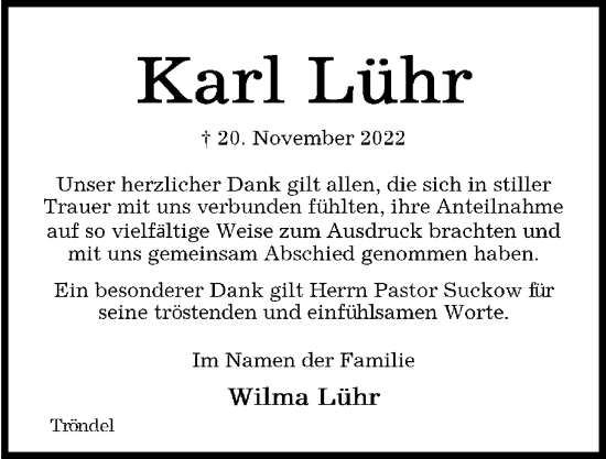 Traueranzeige von Karl Lühr von Kieler Nachrichten