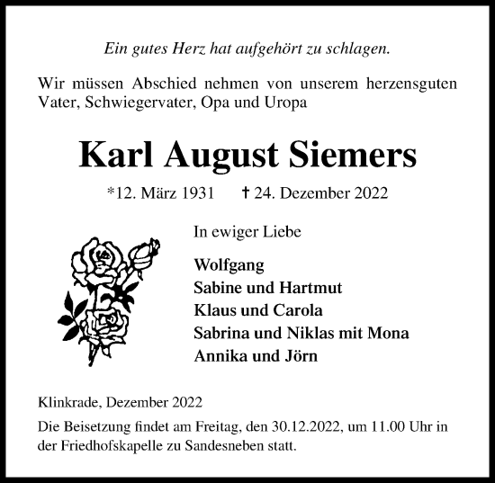 Traueranzeige von Karl August Siemers von Lübecker Nachrichten
