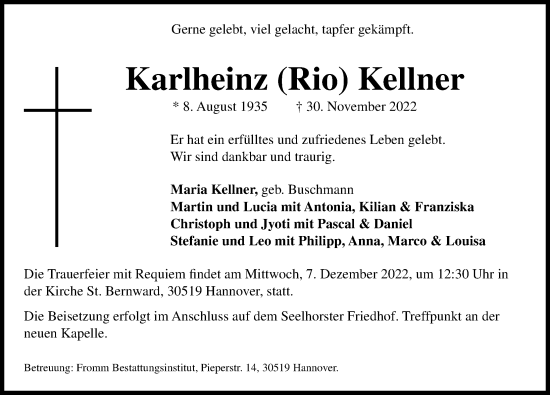 Traueranzeige von Karlheinz  Kellner von Hannoversche Allgemeine Zeitung/Neue Presse