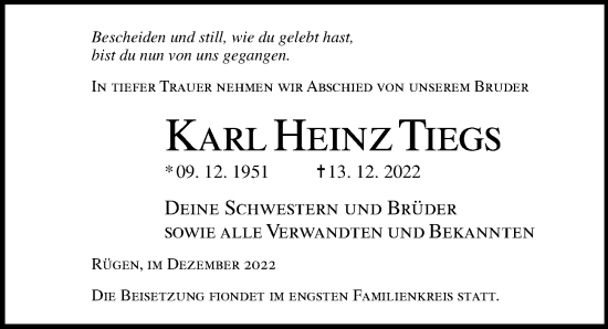 Traueranzeige von Karl Heinz Tiegs von Ostsee-Zeitung GmbH