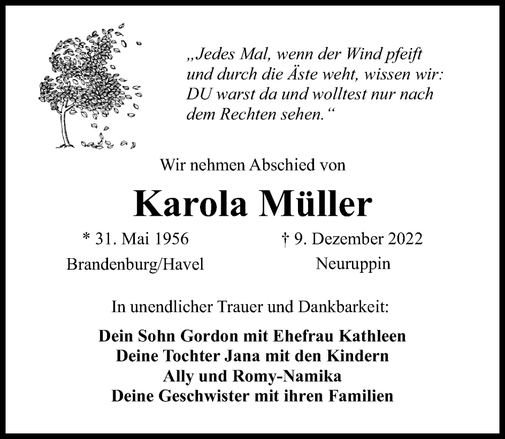  Traueranzeige für Karola Müller vom 24.12.2022 aus Märkischen Allgemeine Zeitung