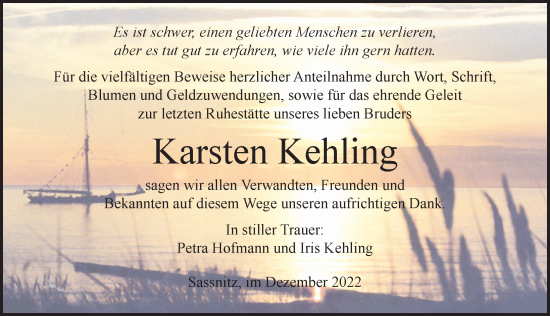 Traueranzeige von Karsten Kehling von Ostsee-Zeitung GmbH