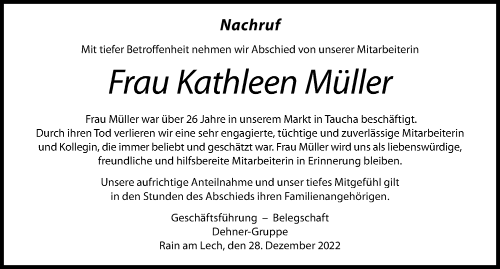  Traueranzeige für Kathleen Müller vom 28.12.2022 aus Leipziger Volkszeitung