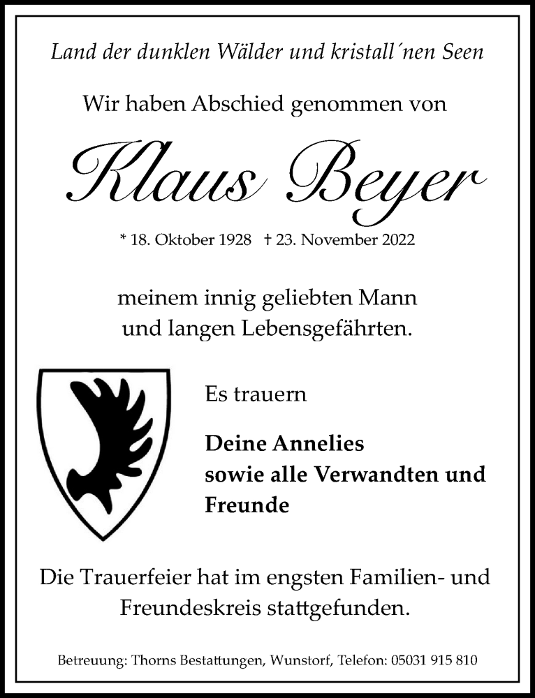 Traueranzeigen Von Klaus Beyer | Trauer-anzeigen.de