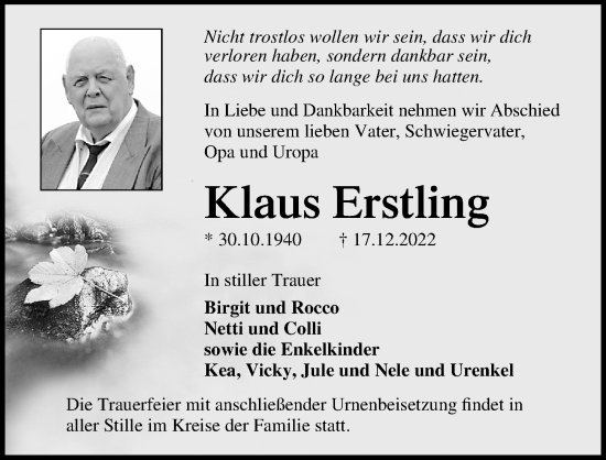 Traueranzeige von Klaus Erstling von Ostsee-Zeitung GmbH