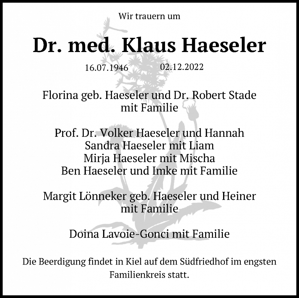  Traueranzeige für Klaus Haeseler vom 10.12.2022 aus Kieler Nachrichten