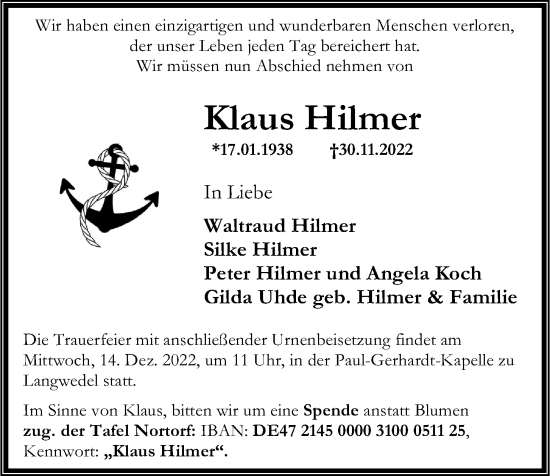Traueranzeige von Klaus Hilmer von Kieler Nachrichten