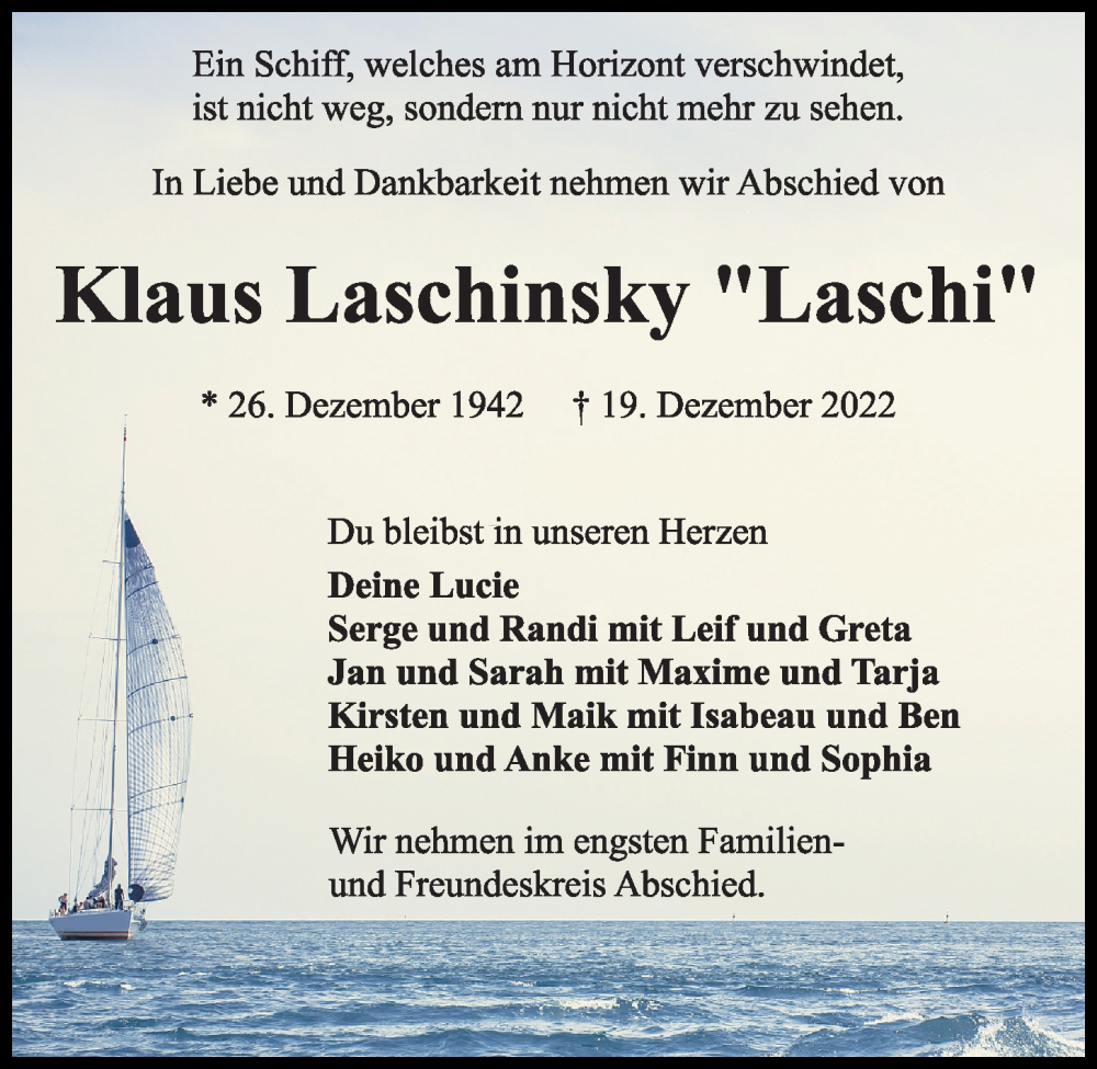  Traueranzeige für Klaus Laschinsky vom 31.12.2022 aus Kieler Nachrichten