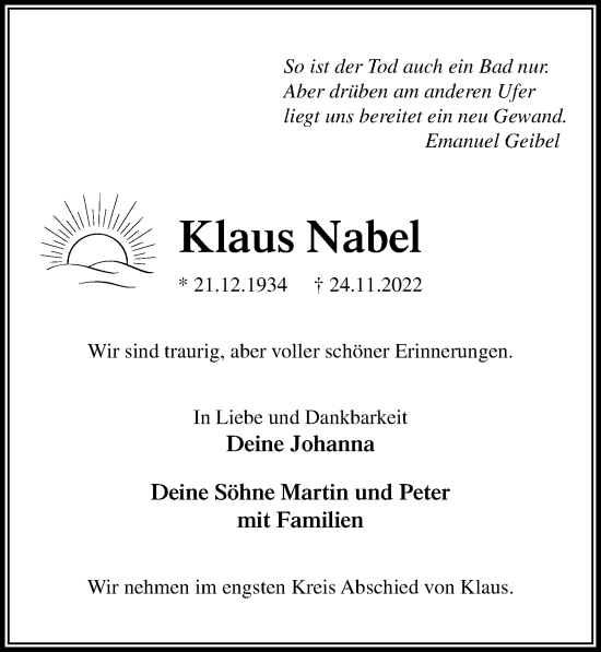 Traueranzeige von Klaus Nabel von Lübecker Nachrichten