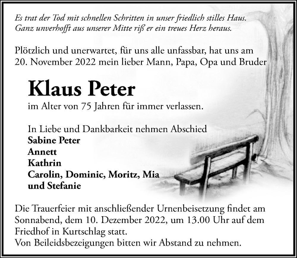  Traueranzeige für Klaus Peter vom 03.12.2022 aus Märkischen Allgemeine Zeitung