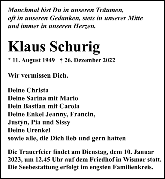 Traueranzeige von Klaus Schurig von Ostsee-Zeitung GmbH
