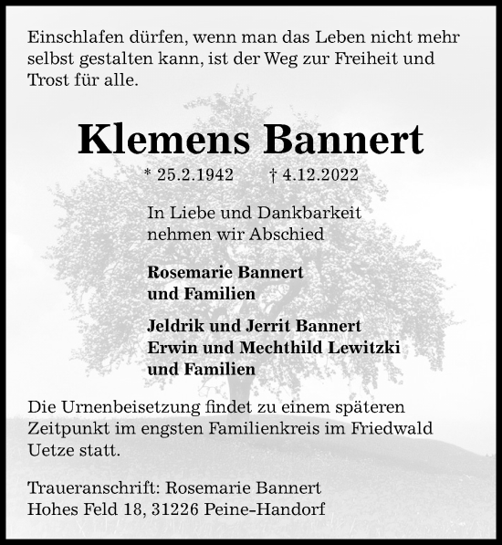 Traueranzeige von Klemens Bannert von Peiner Allgemeine Zeitung