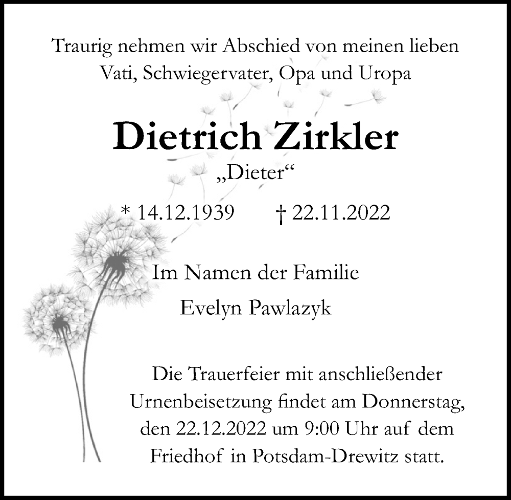 Traueranzeige für Krielow Zirkler vom 03.12.2022 aus Märkischen Allgemeine Zeitung