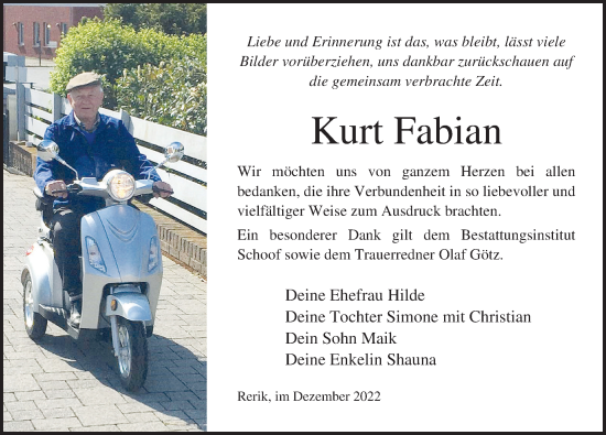 Traueranzeige von Kurt Fabian von Ostsee-Zeitung GmbH