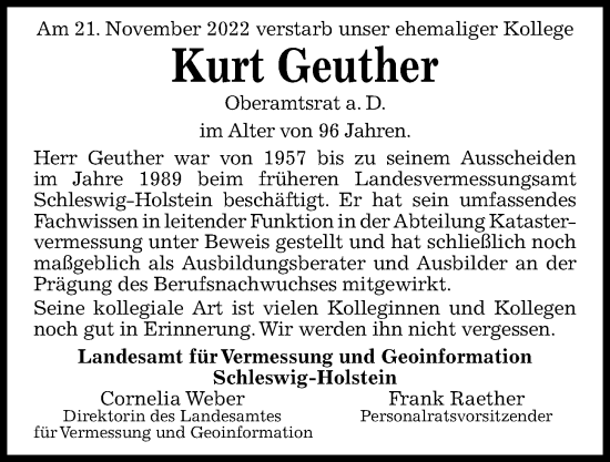 Traueranzeige von Kurt Geuther von Kieler Nachrichten