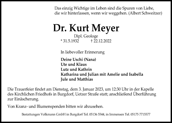 Traueranzeige von Kurt Meyer von Hannoversche Allgemeine Zeitung/Neue Presse