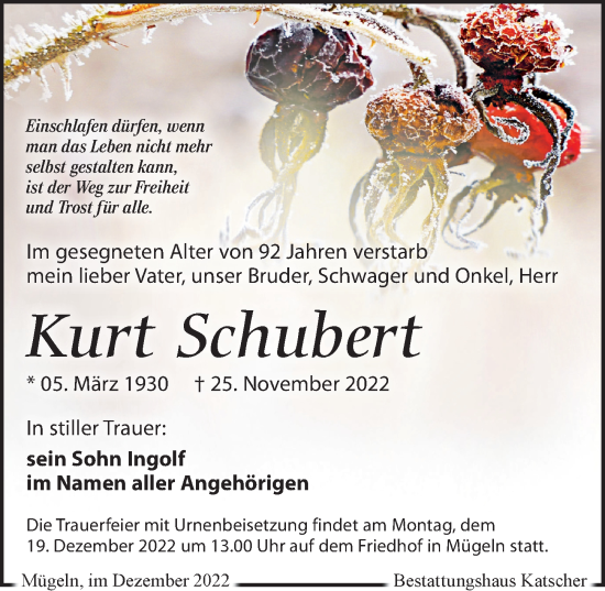 Traueranzeige von Kurt Schubert von Leipziger Volkszeitung