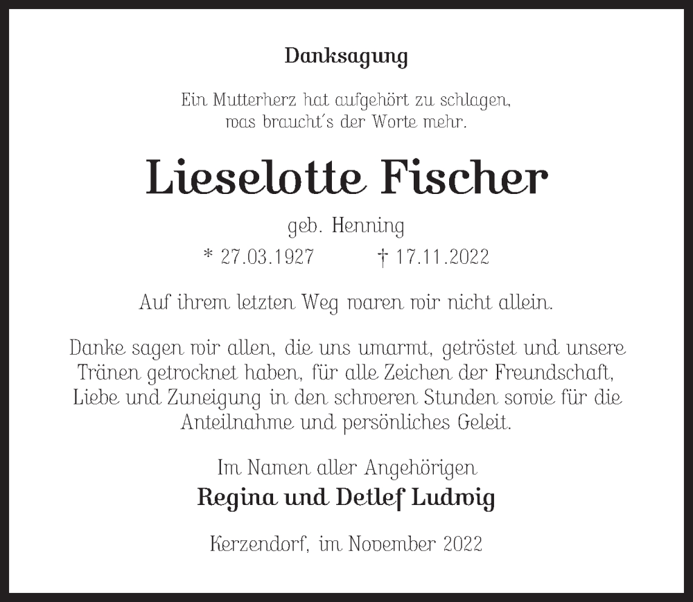  Traueranzeige für Lieselotte Fischer vom 03.12.2022 aus Märkischen Allgemeine Zeitung