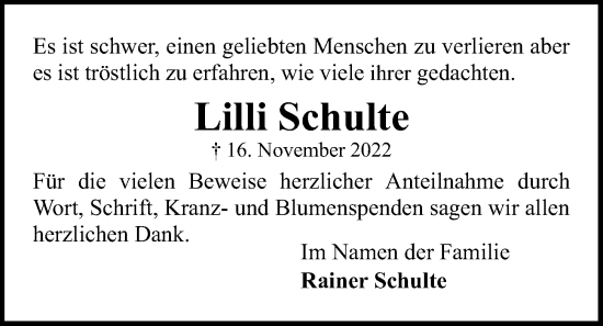 Traueranzeige von Lilli Schulte von Kieler Nachrichten