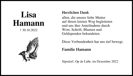 Traueranzeige von Lisa Hamann von Lübecker Nachrichten