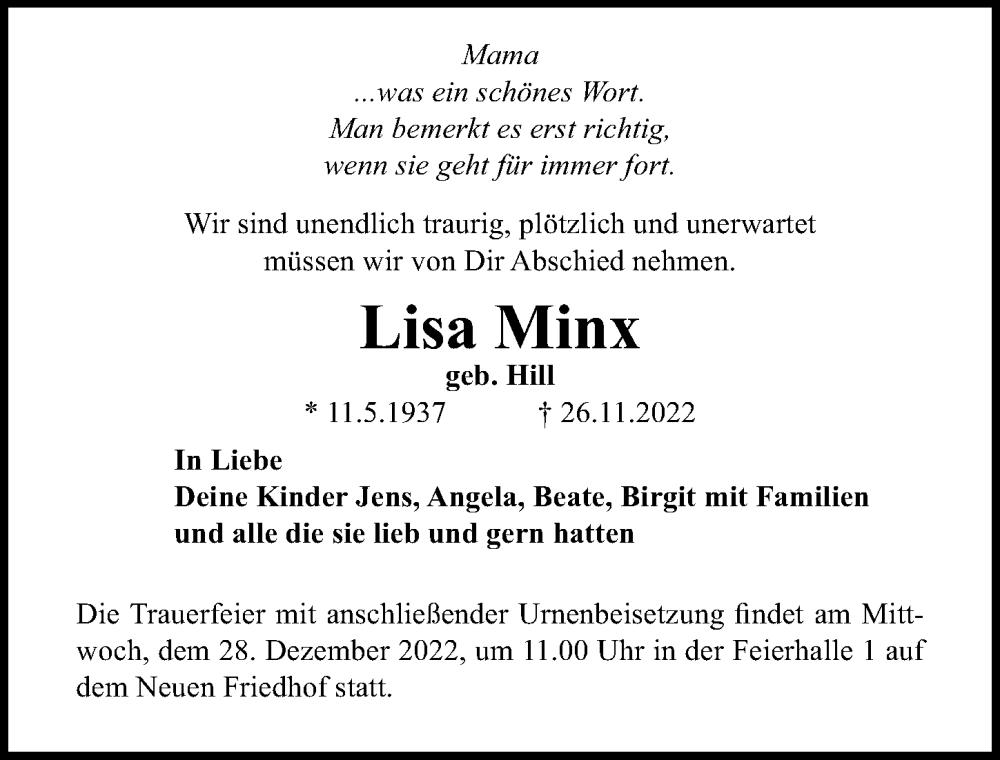  Traueranzeige für Lisa Minx vom 10.12.2022 aus Ostsee-Zeitung GmbH