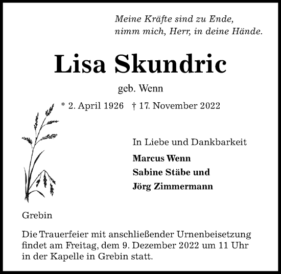 Traueranzeige von Lisa Skundric von Kieler Nachrichten