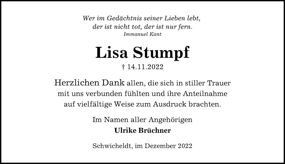  Traueranzeige für Lisa Stumpf vom 10.12.2022 aus Peiner Allgemeine Zeitung