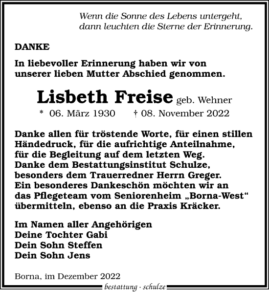 Traueranzeige von Lisbeth Freise von Leipziger Volkszeitung