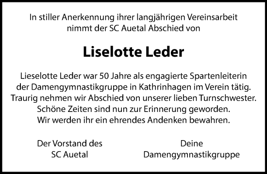Traueranzeige von Liselotte Leder von Schaumburger Nachrichten