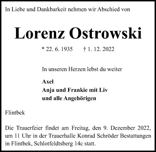 Traueranzeige von Lorenz Ostrowski von Kieler Nachrichten
