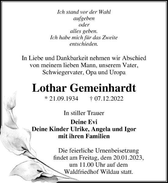 Traueranzeige von Lothar Gemeinhardt von Märkischen Allgemeine Zeitung